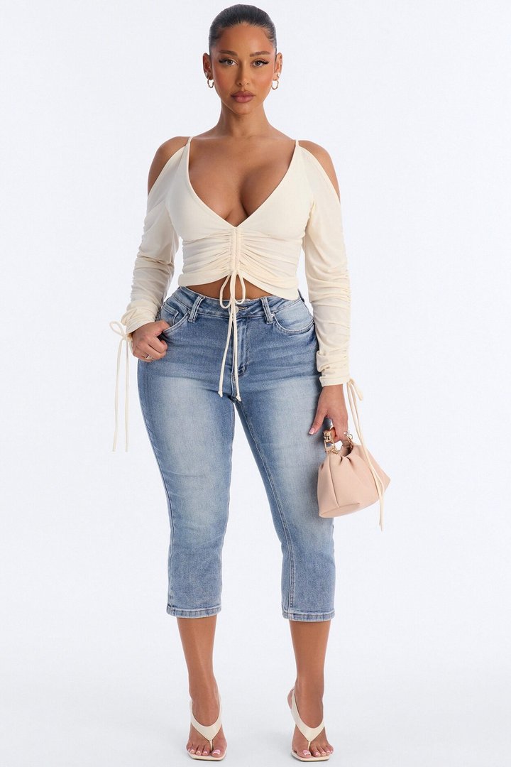 Genevieve Ruched Cold Shoulder Long Sleeve Top - Cream