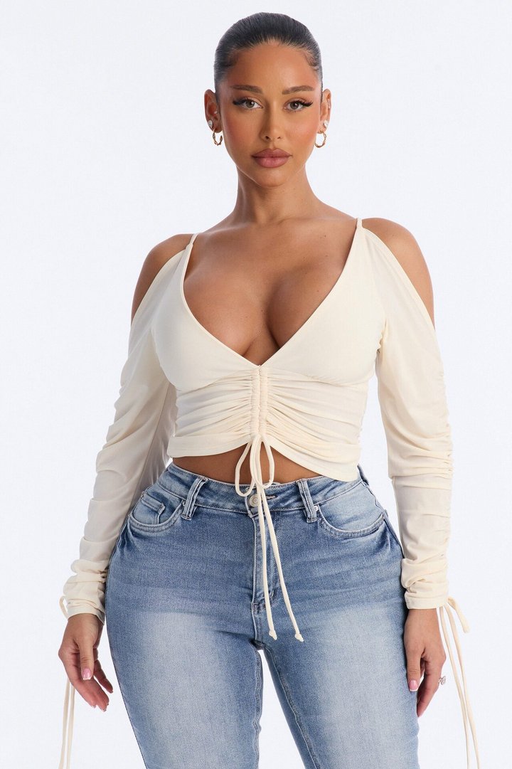 Genevieve Ruched Cold Shoulder Long Sleeve Top - Cream