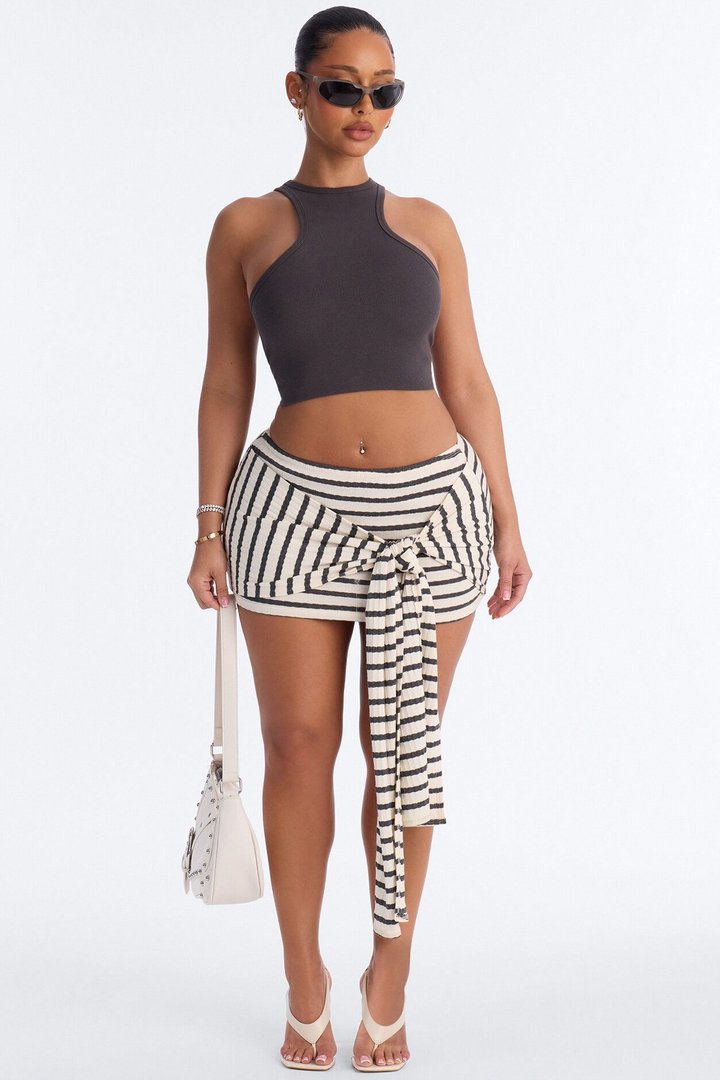 Kirin Striped Tie Waist Micro Mini Skirt - Grey/combo