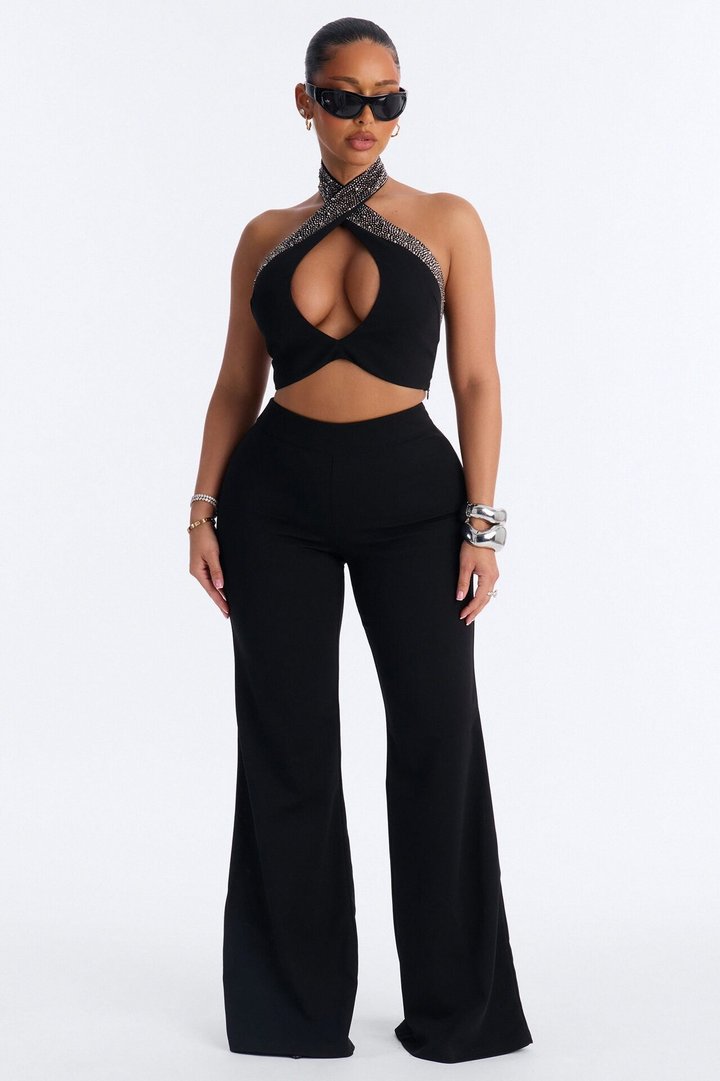 Glam Hour Rhinestone Halter Pant Set - Black