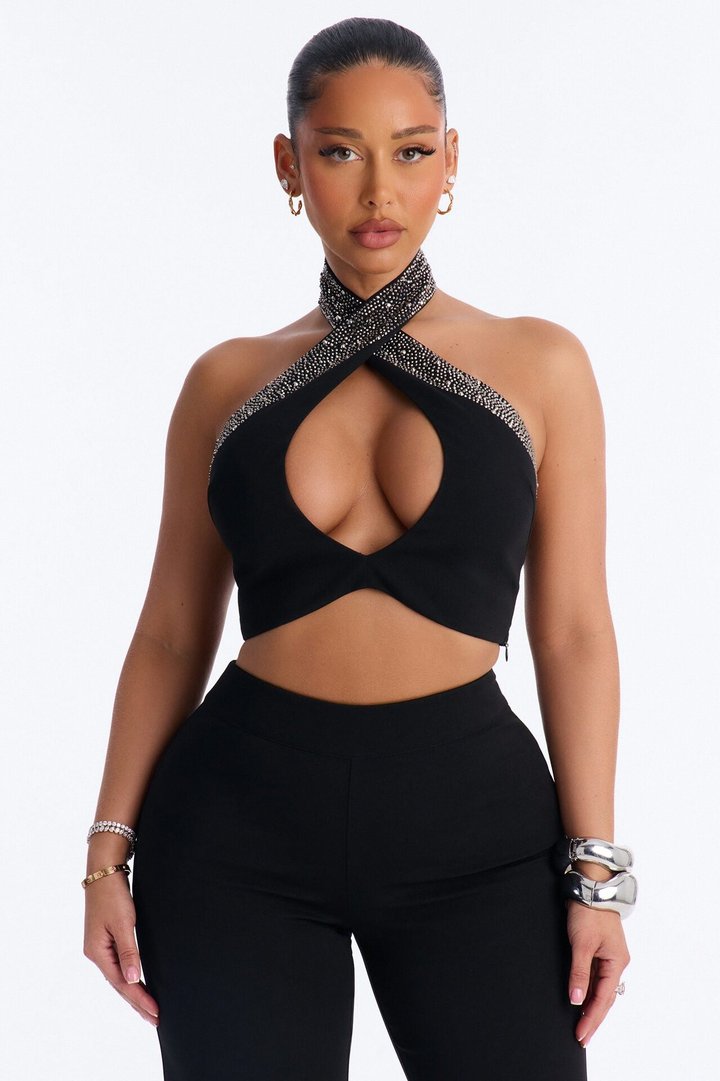 Glam Hour Rhinestone Halter Pant Set - Black