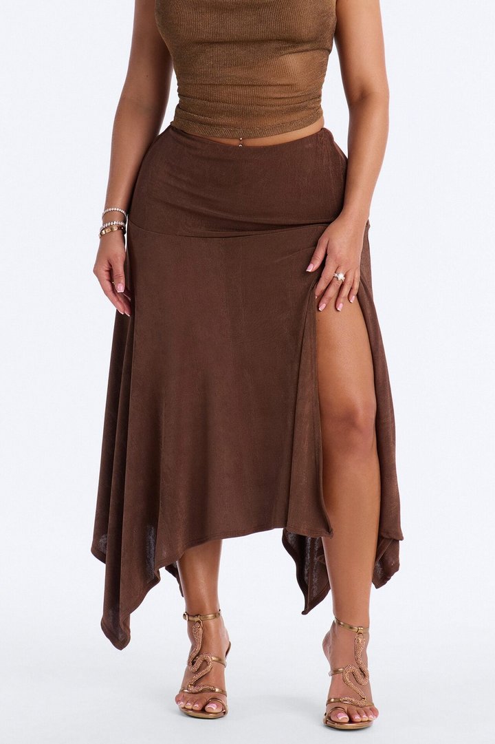 Alyssa Drop Waist Slinky Midi Skirt - Chocolate