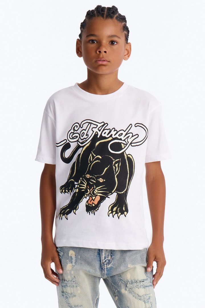 Mini Ed Hardy Bold Panther Front/Back Short Sleeve Tee - White