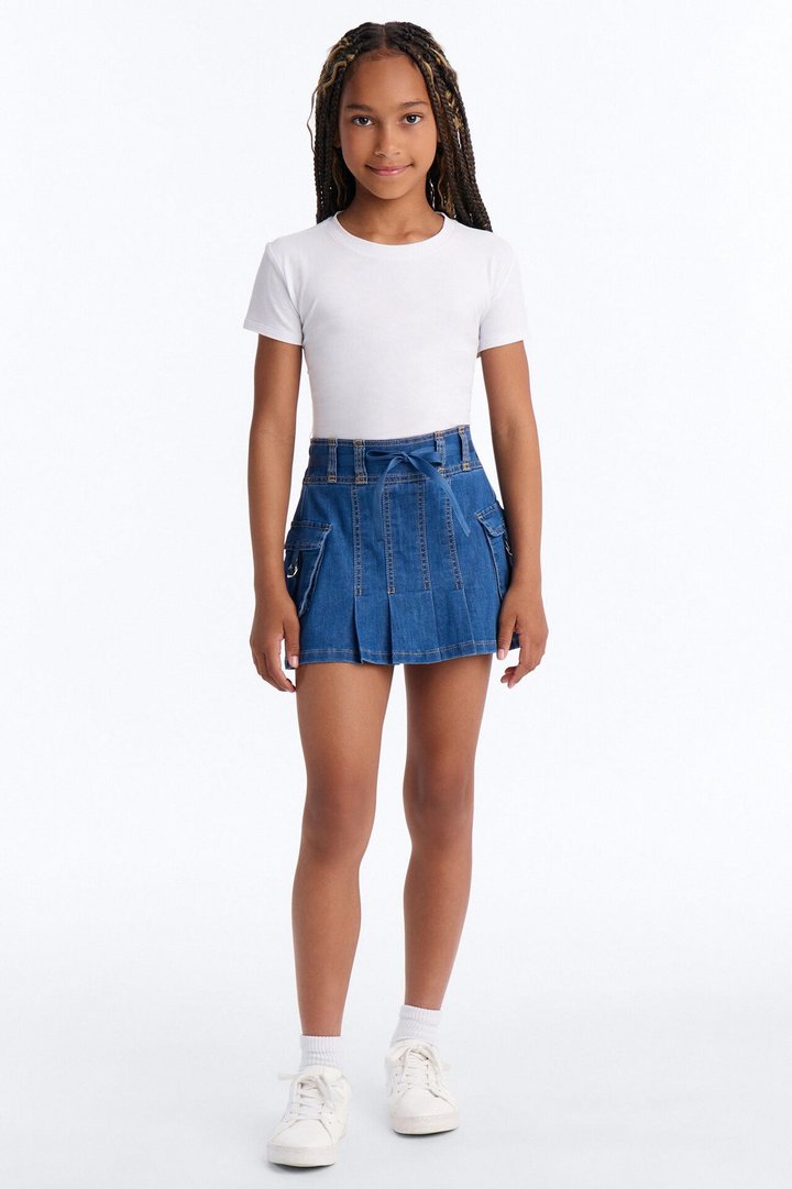 Mini Melanie Pleated Cargo Denim Mini Skirt - Blue