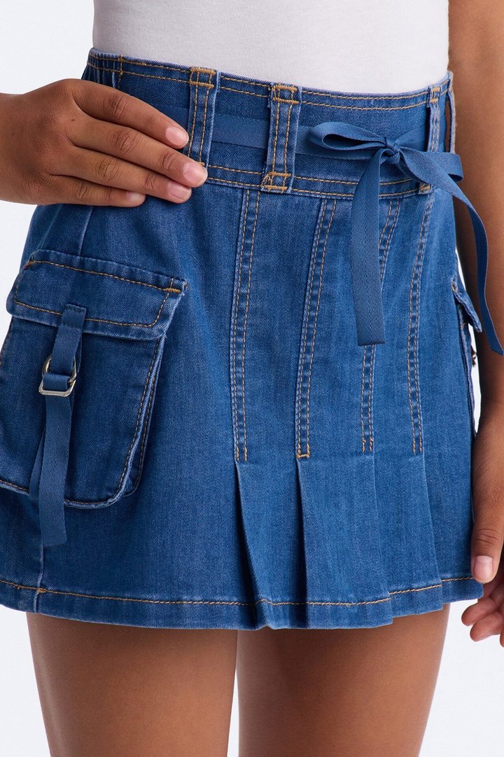 Mini Melanie Pleated Cargo Denim Mini Skirt - Blue