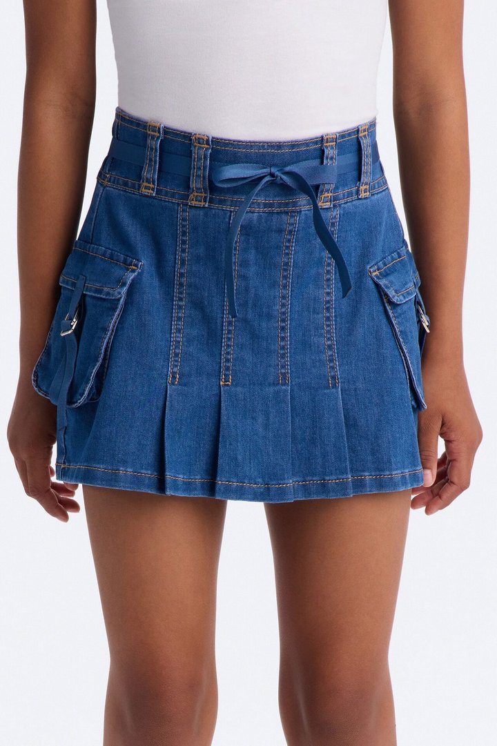 Mini Melanie Pleated Cargo Denim Mini Skirt - Blue