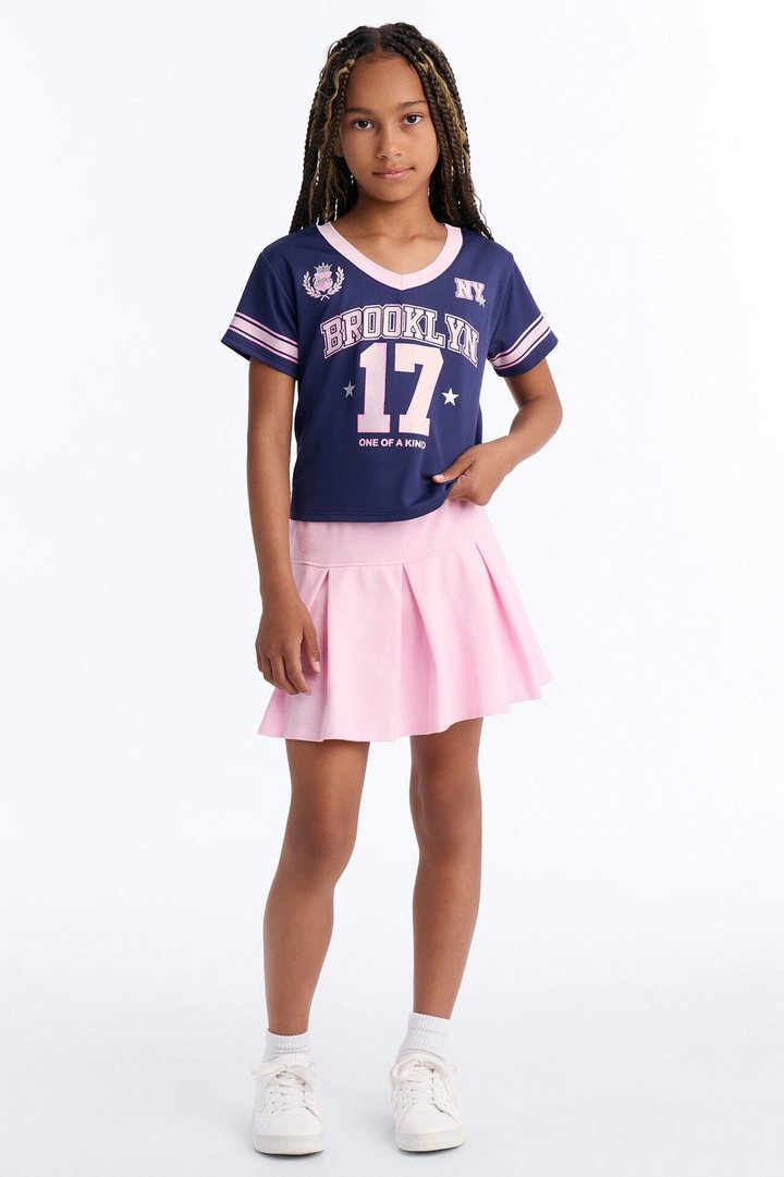 Mini Born To Win Pleated Skirt Set - Navy/combo