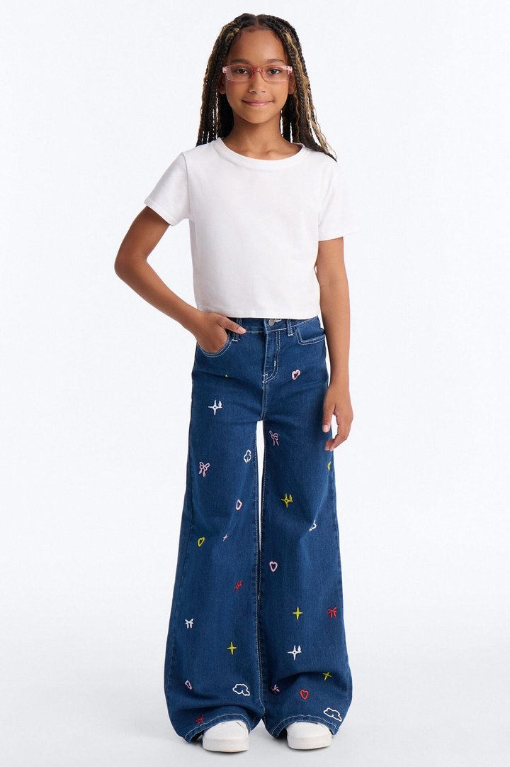 Mini Daydreaming Embroidered Wide Leg Jeans - Dark Wash