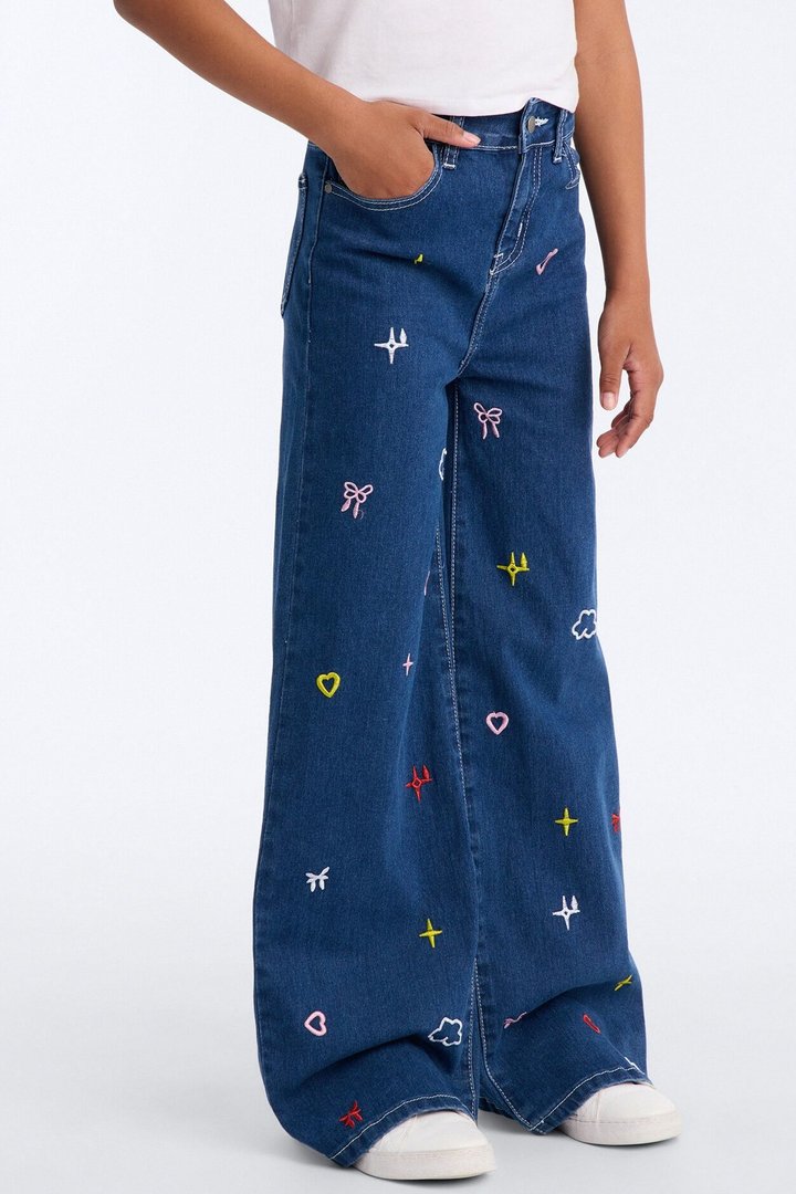 Mini Daydreaming Embroidered Wide Leg Jeans - Dark Wash
