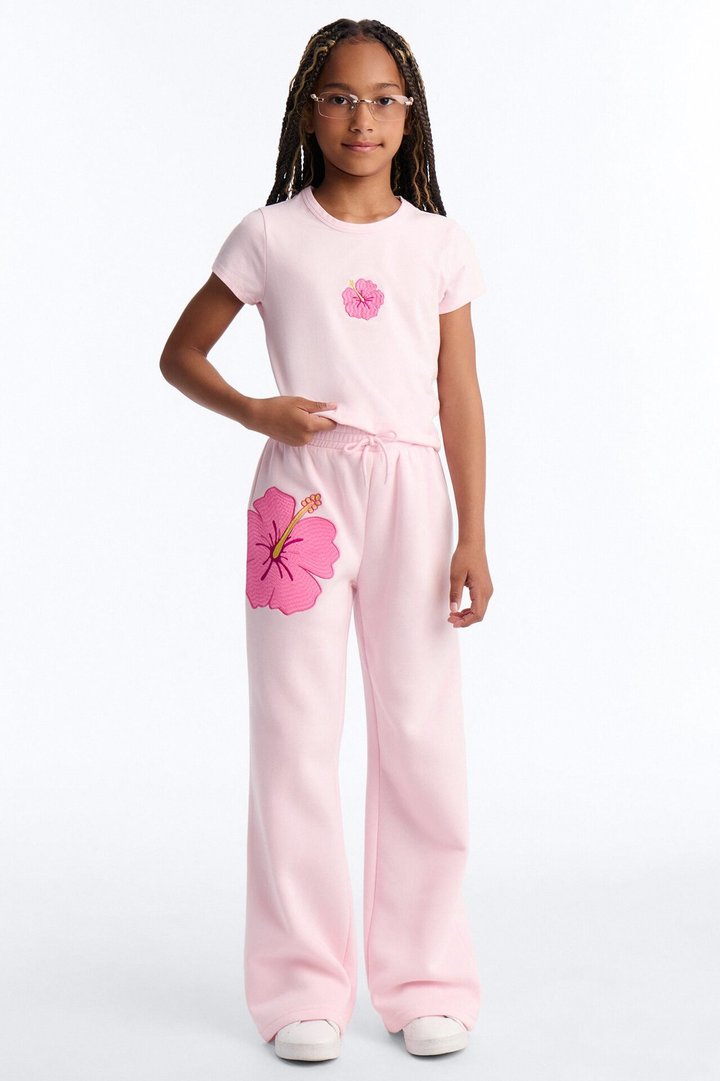 Mini Happy Hibiscus Wide Leg Pant Set - Light Pink