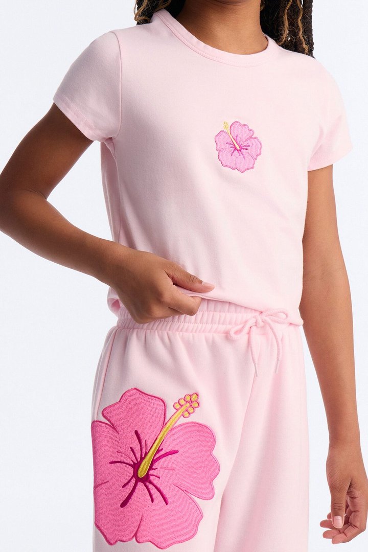 Mini Happy Hibiscus Wide Leg Pant Set - Light Pink