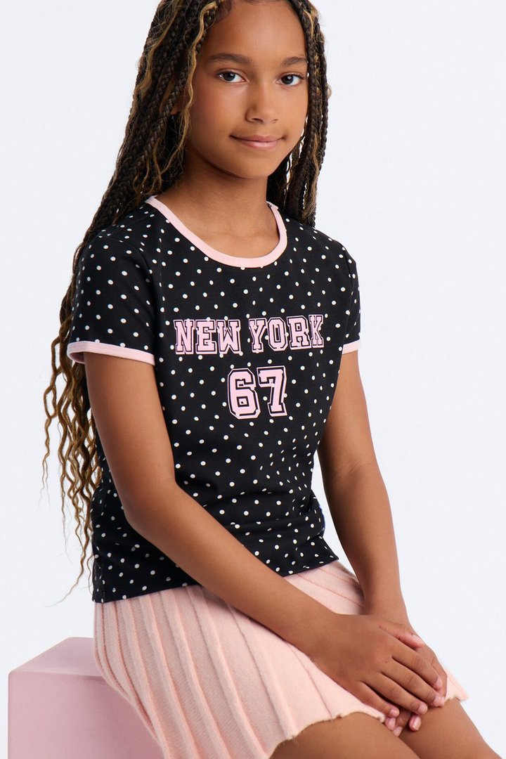 Mini New York 67 Polka Dot Print Short Sleeve Tee - Black