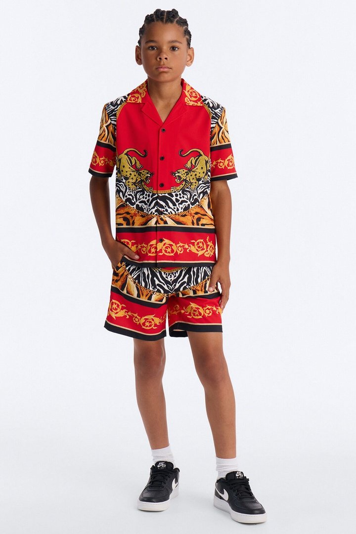 Mini Jungle Royale Baroque Cuban Collar Button Up Shirt - Red