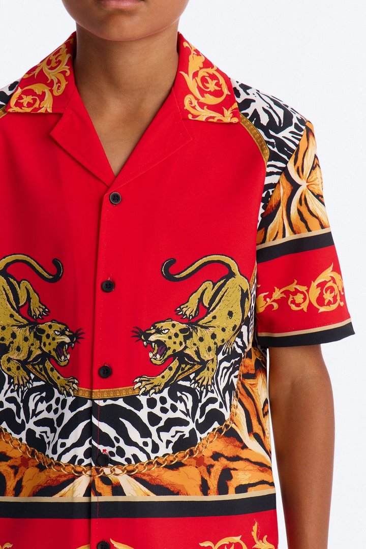 Mini Jungle Royale Baroque Cuban Collar Button Up Shirt - Red