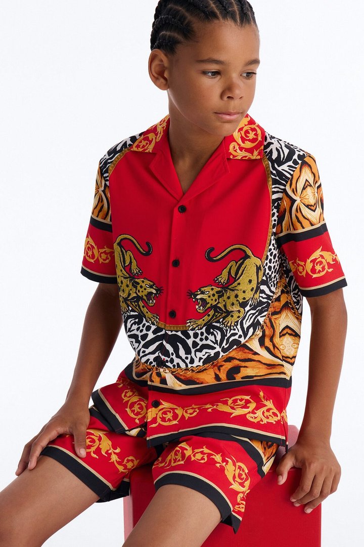 Mini Jungle Royale Baroque Cuban Collar Button Up Shirt - Red
