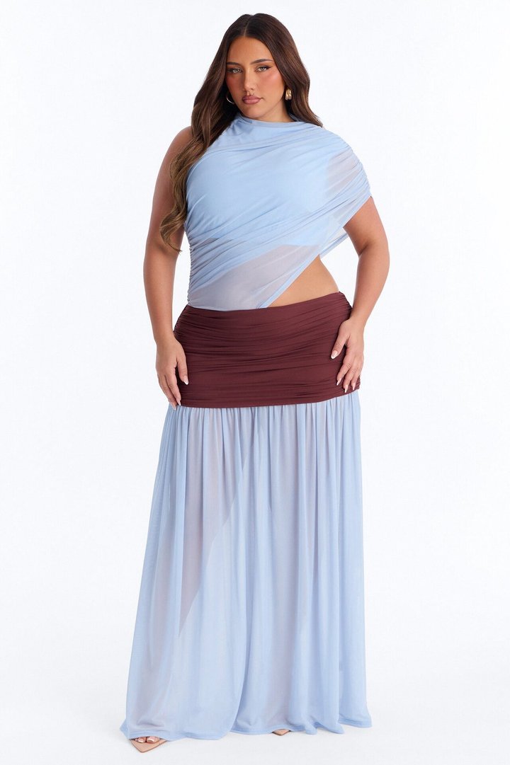 Delilah Draped Mesh Maxi Dress - Blue/combo