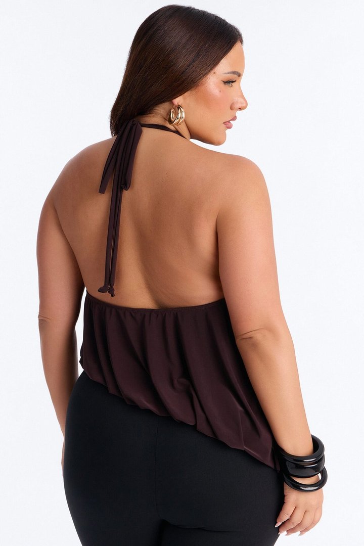 Selena Ruched Asymmetrical Halter Top - Brown