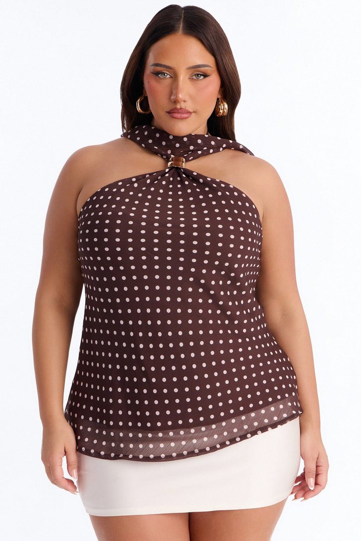 Meet Me In Paris Polka Dot Chiffon Scarf Top - Brown/combo