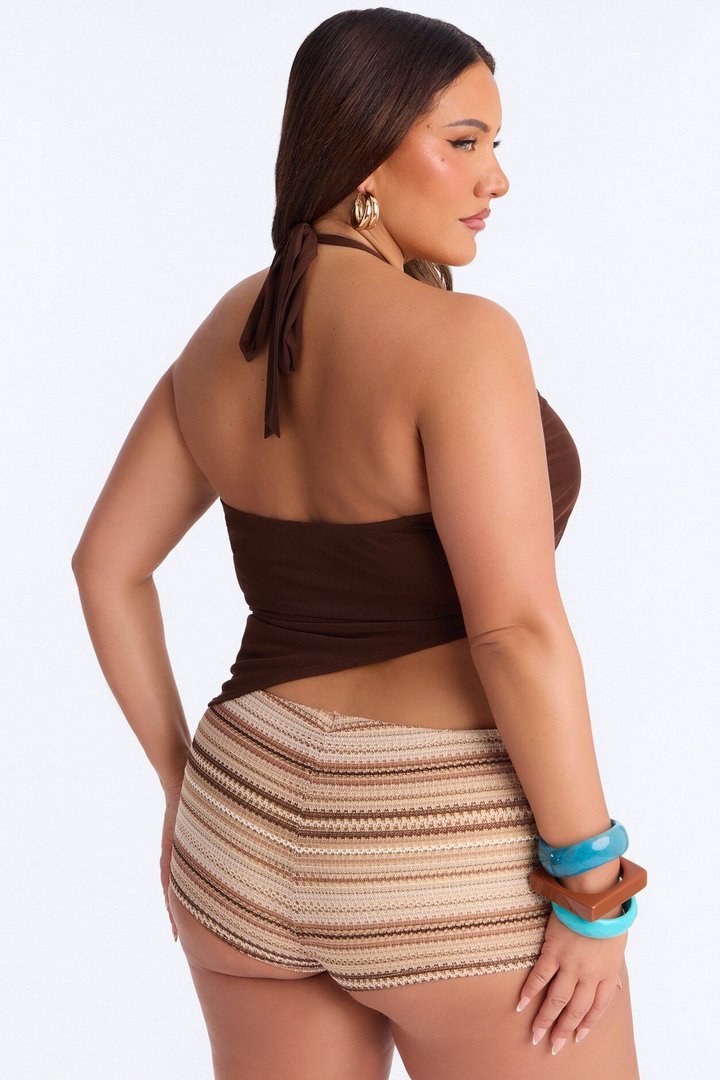 Summer Heat Beaded Mesh Halter Top - Brown