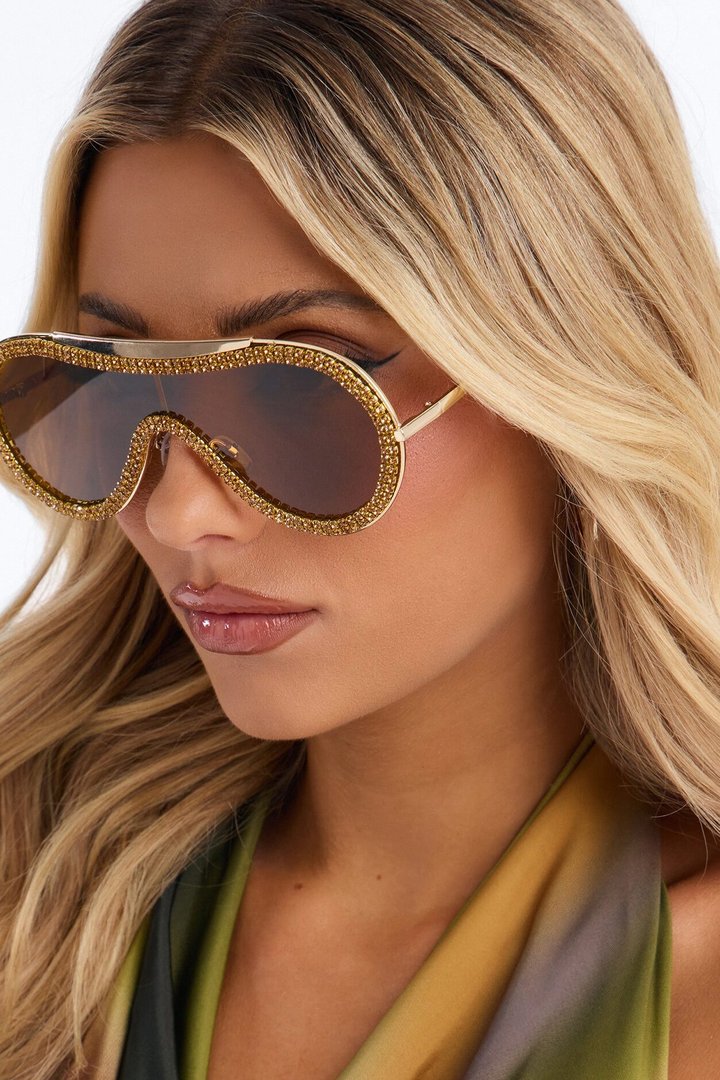 Rhinestone Rock Star Sunglasses - Gold/Brown
