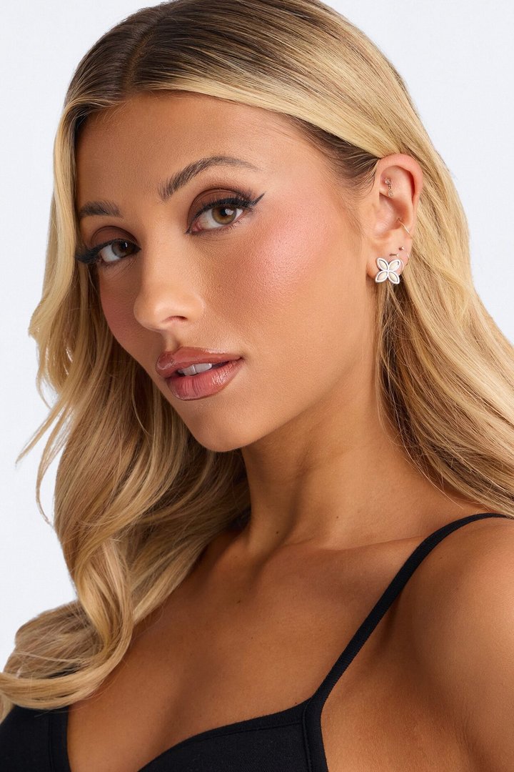 Jeweled Stone 2 Pair Earring Set - White/Silver