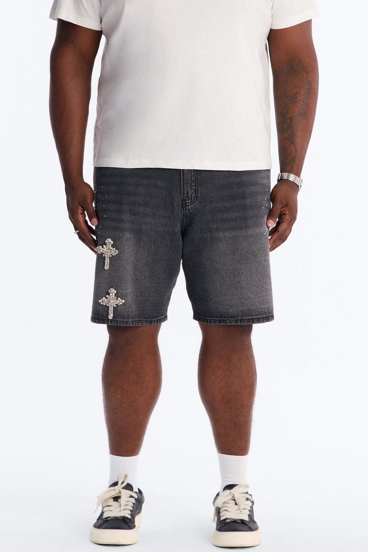 Relaxed Divine Jeweled Cross Denim Short - Black Wash
