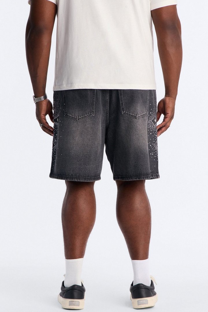 Relaxed Divine Jeweled Cross Denim Short - Black Wash