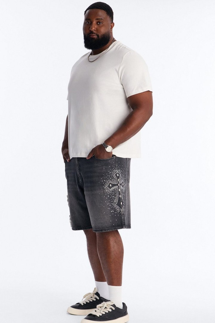 Relaxed Divine Jeweled Cross Denim Short - Black Wash