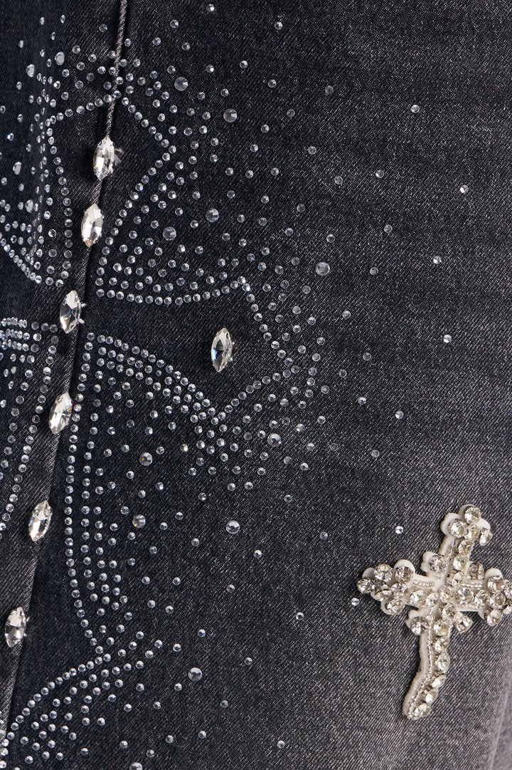 Relaxed Divine Jeweled Cross Denim Short - Black Wash