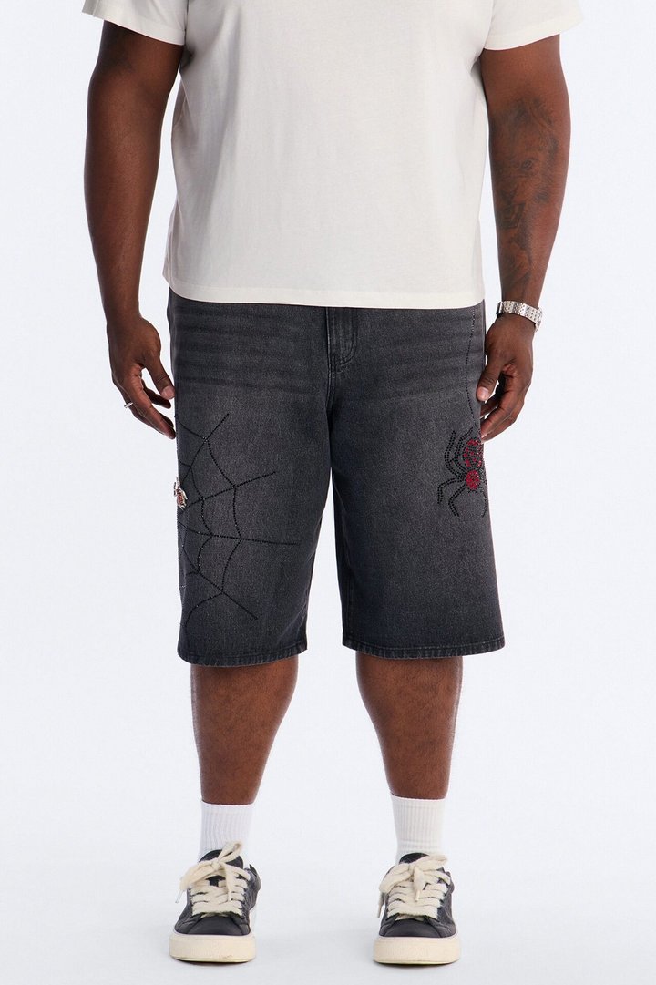 Baggy Black Widow Jeweled Denim Short - Black Wash