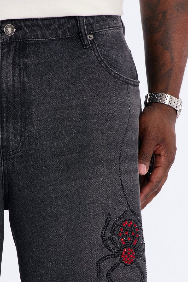 Baggy Black Widow Jeweled Denim Short - Black Wash