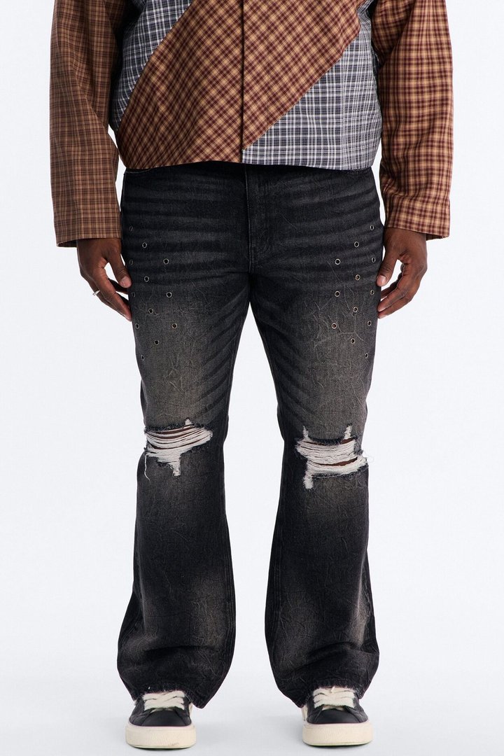 Stacked Slim Flare Looking Out Distressed Grommet Jean - Black Wash