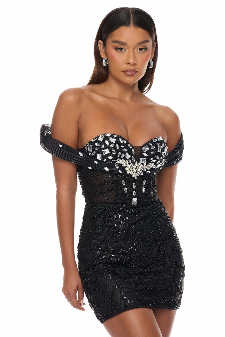 Brigette Sequin Embellished Mini Gown - Black