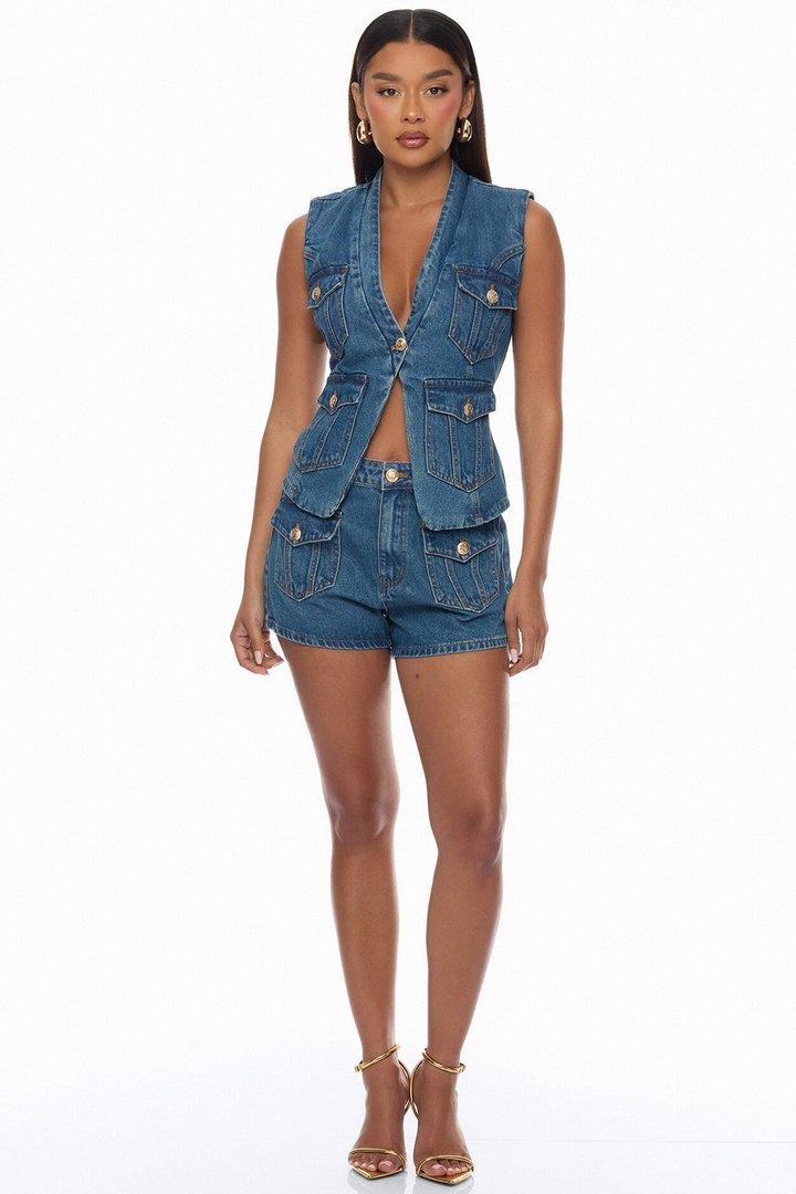 Up To No Good Denim Short Set - Medium Wash