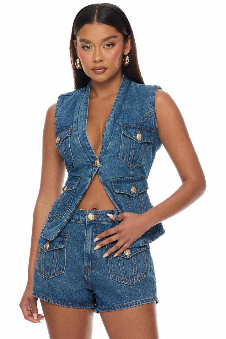 Up To No Good Denim Short Set - Medium Wash