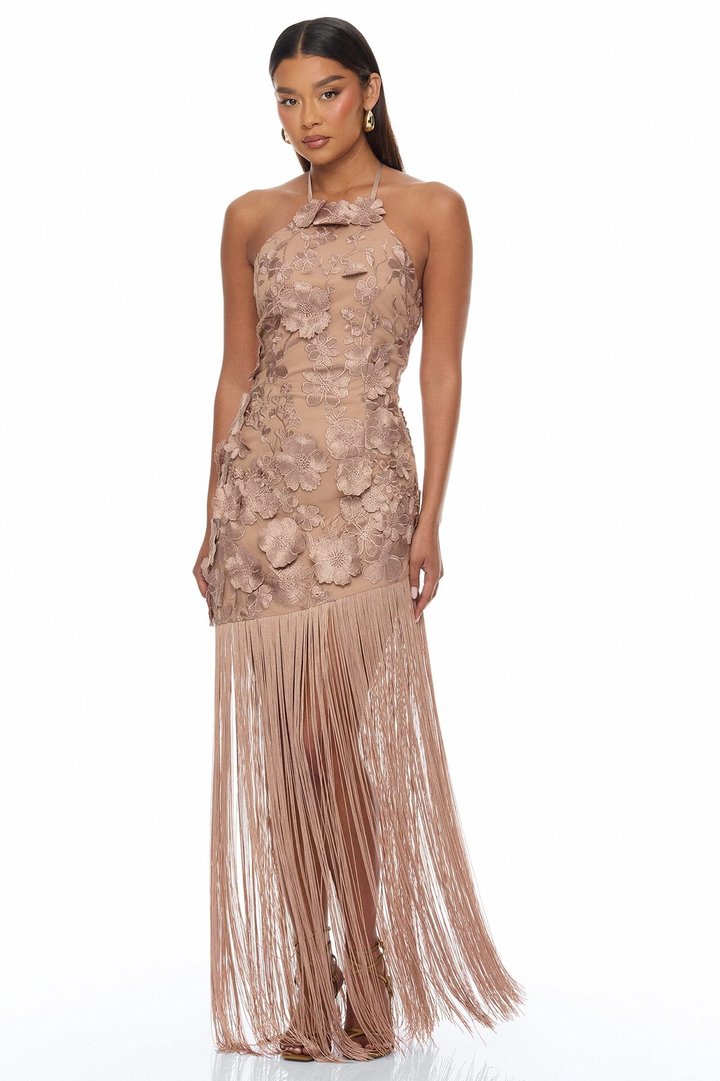 Nicole Embroidered Fringe Maxi Dress - Mocha