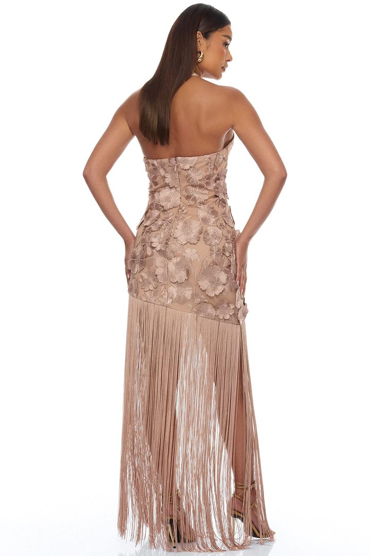 Nicole Embroidered Fringe Maxi Dress - Mocha