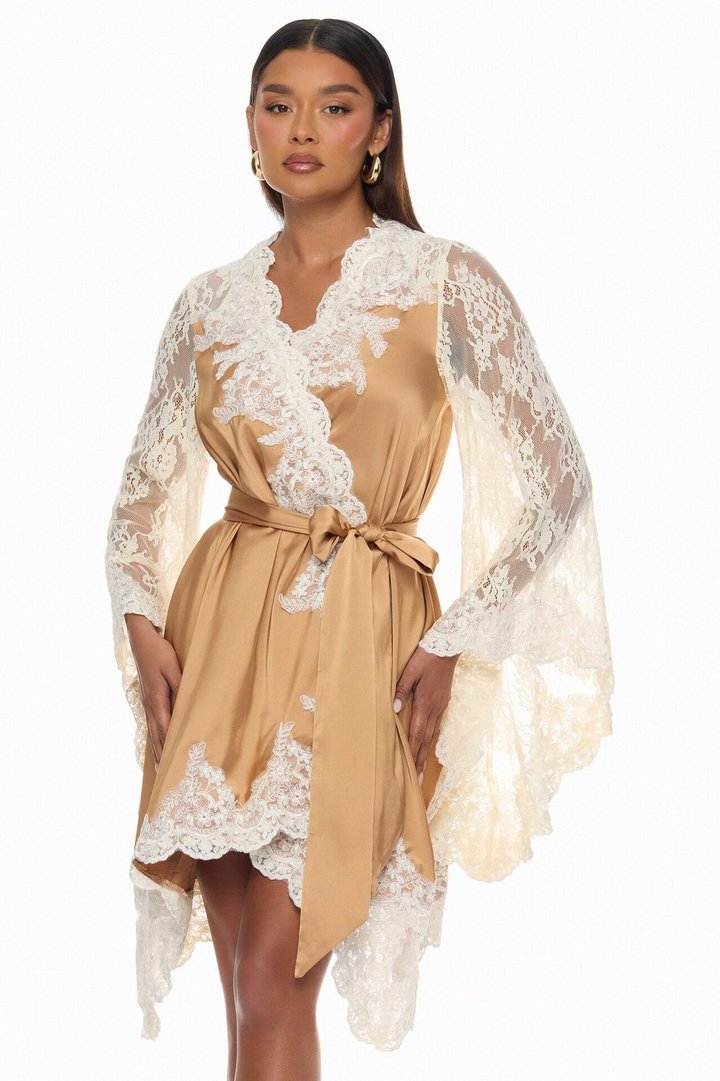 Cathryn Lace Satin Kimono - Gold