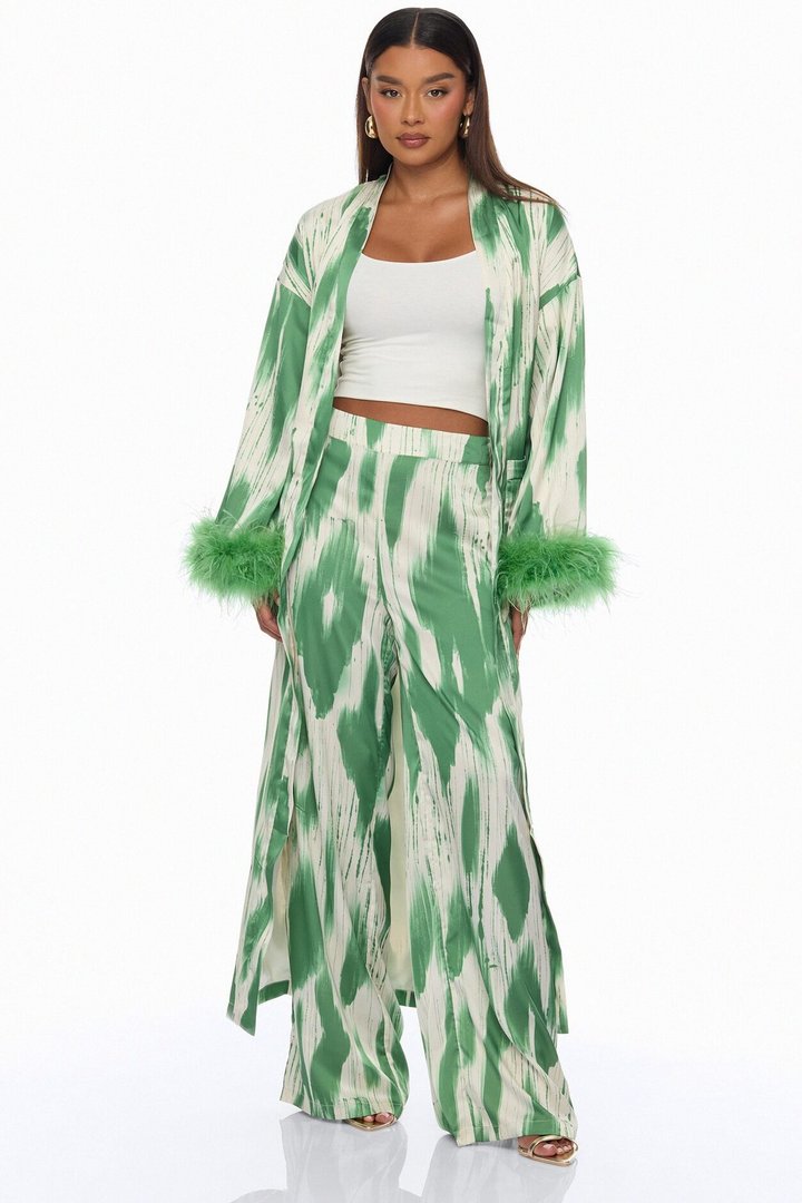 Freya Feathered Satin Kimono Pant 2 Piece Set - Green/combo