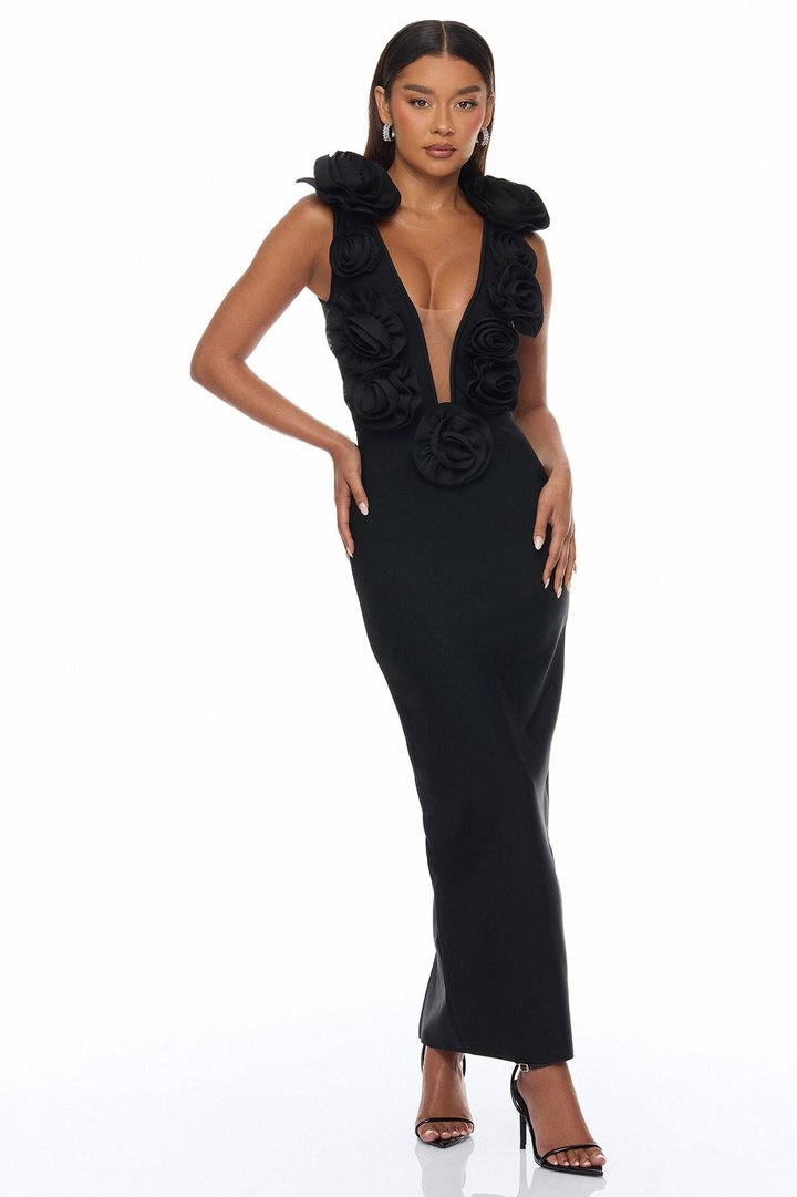 Rosalia Rosette Bandage Maxi Dress - Black