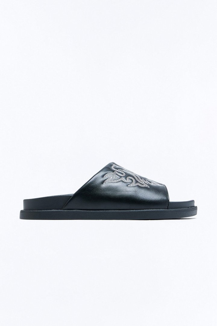 Contrast Stitch Embroidered Faux Leather Slip On Slide - Black