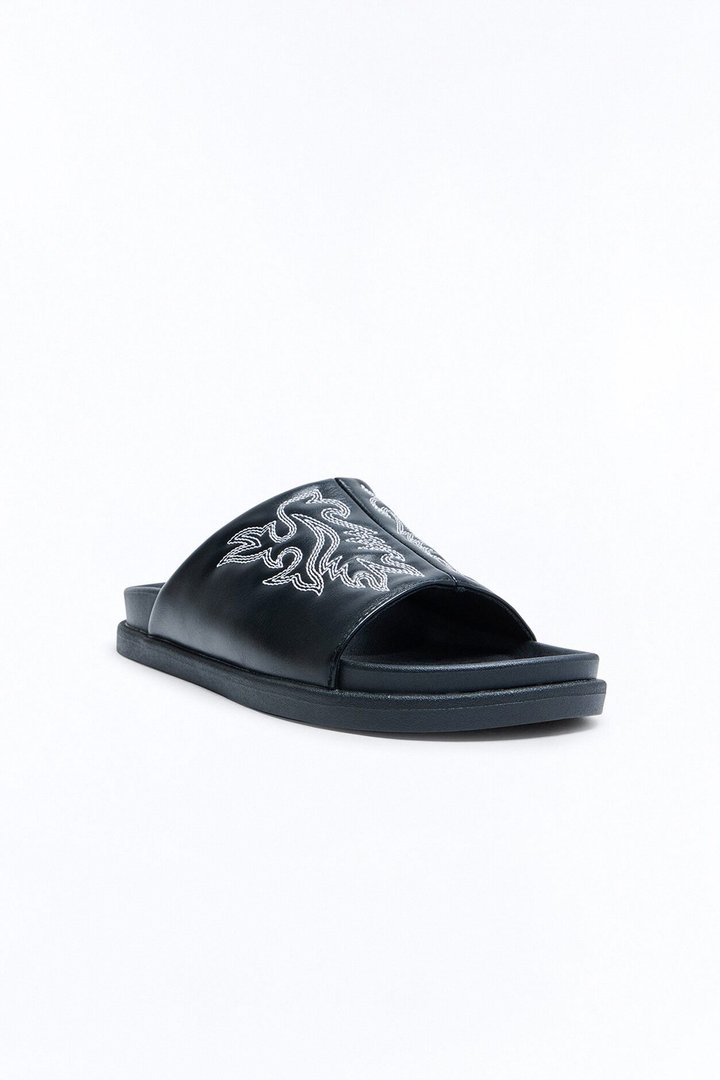 Contrast Stitch Embroidered Faux Leather Slip On Slide - Black