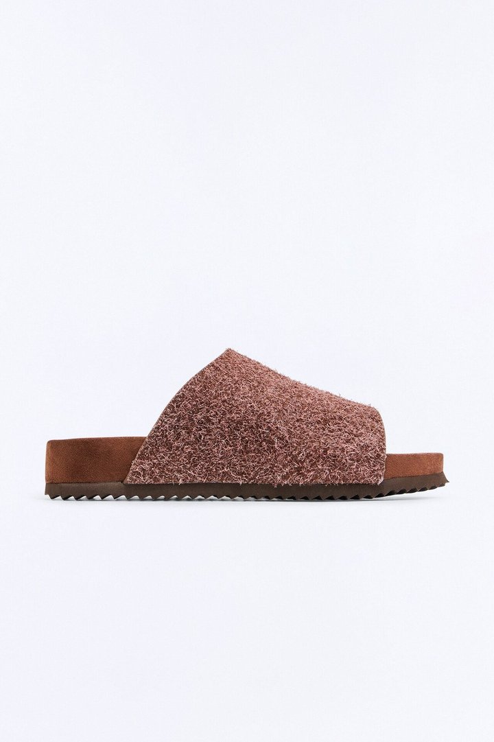 Genuine Suede Textured Slip On Slide - Brown