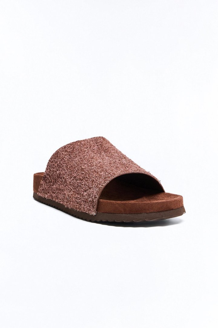 Genuine Suede Textured Slip On Slide - Brown