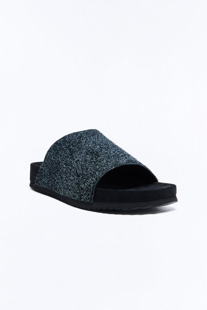 Genuine Suede Textured Slip On Slide - Black