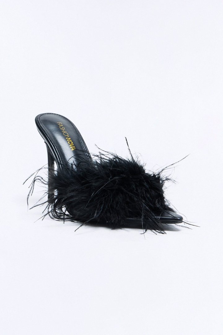 Melani Feather Trim Heels - Black