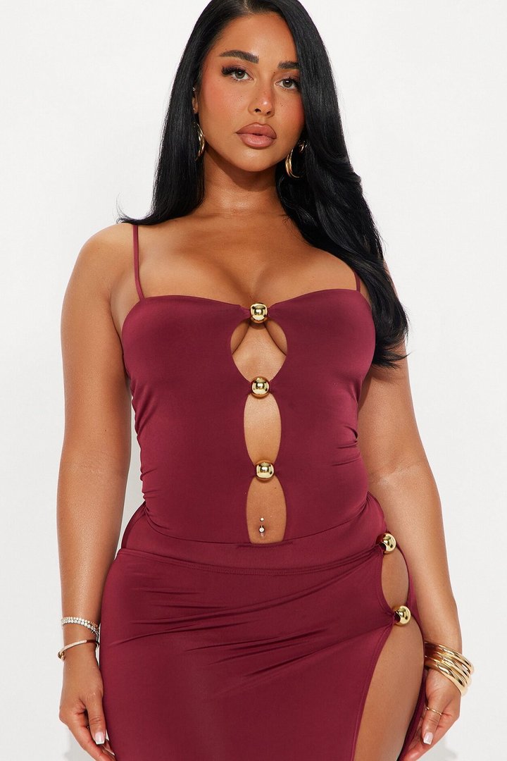 Hot Girl Energy Bodysuit Maxi Skirt Set - Burgundy