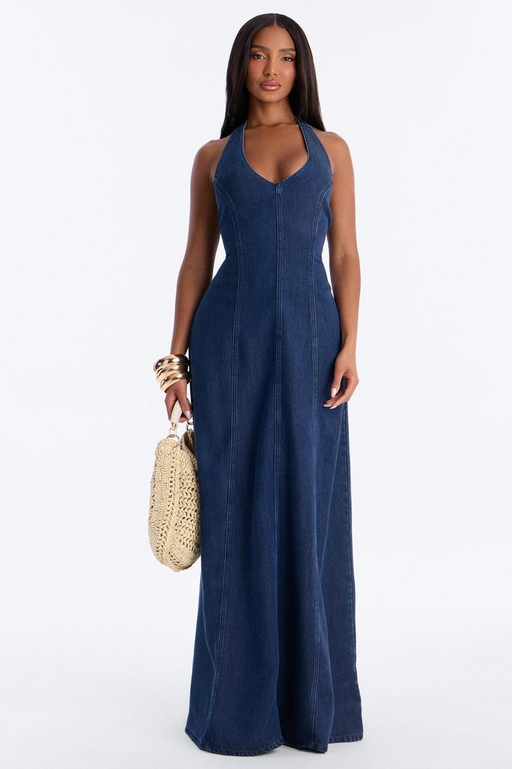 Zaira Halter Denim Maxi Dress - Dark Wash