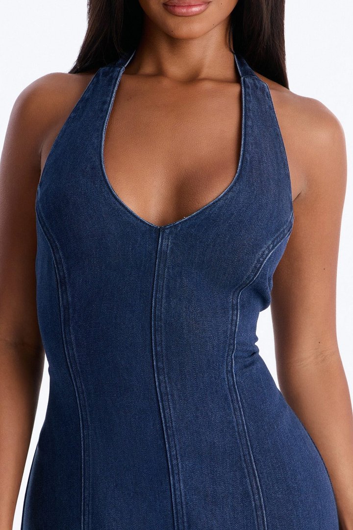 Zaira Halter Denim Maxi Dress - Dark Wash