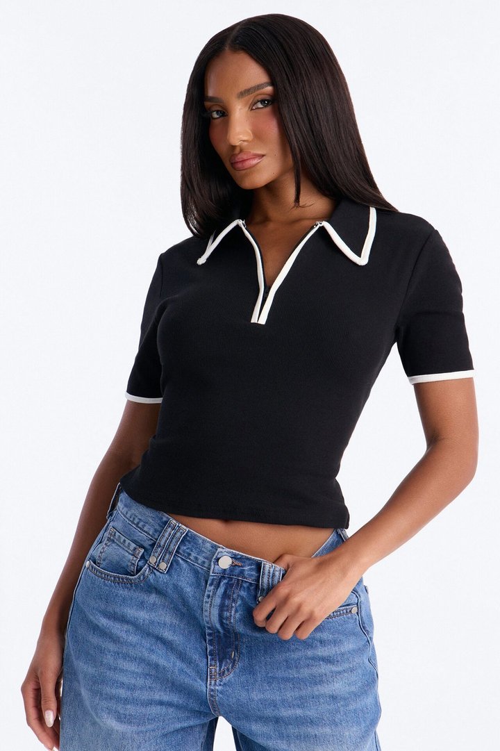 Golf Club Short Sleeve Polo Top - Black/White